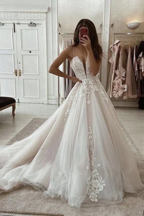 Luolandi A Line Spaghetti Straps Deep V Neck Lace Appliques Wedding Dress Sexy Beautiful